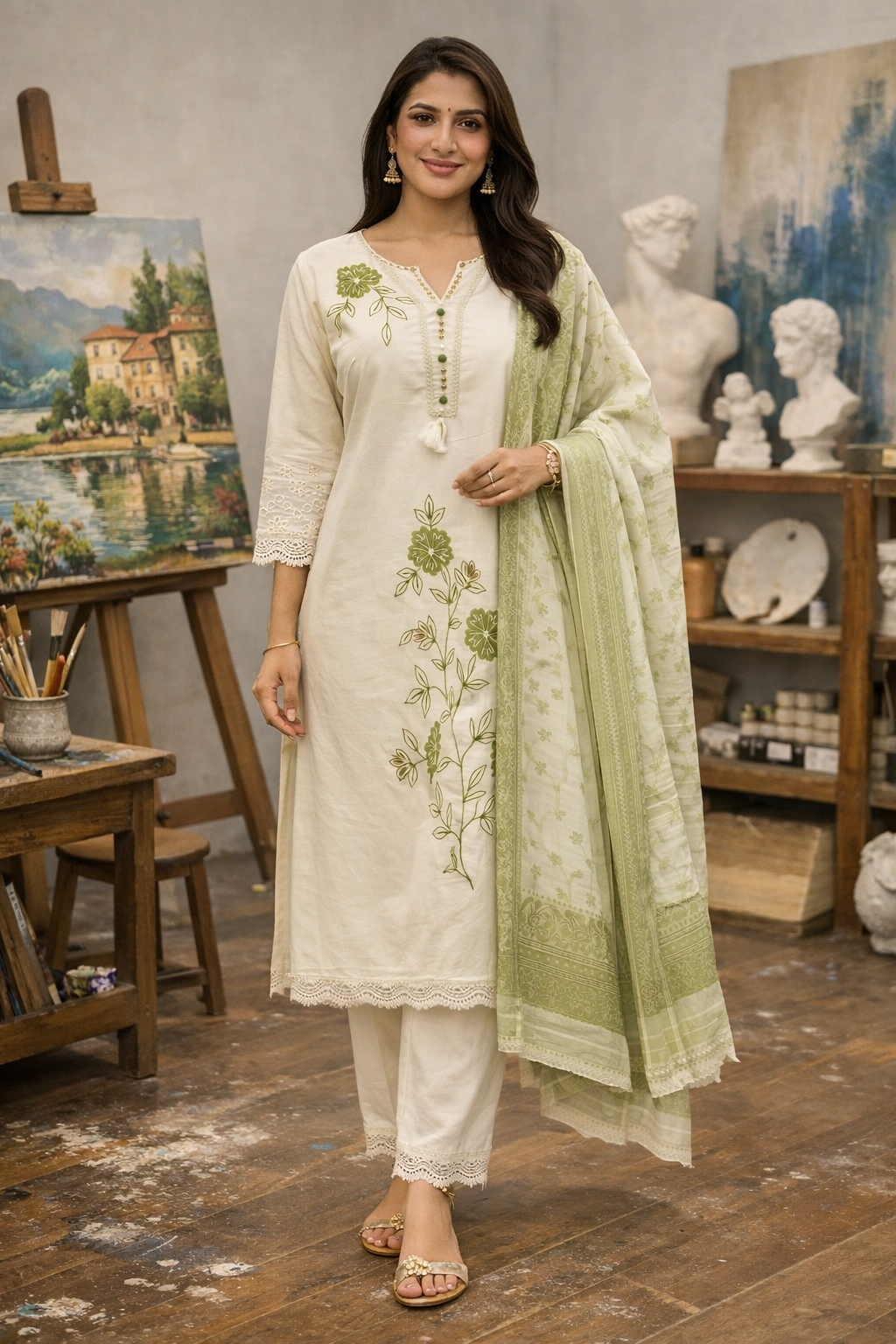 Off White Cotton Kurti Set with Green Floral Embroidery & Dupatta – Elegant Everyday Ethnic Wear | Natural Fab