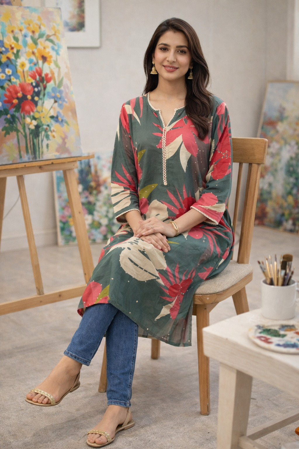 Green Floral Print Cotton Kurti for Women – Casual & Daily Wear Straight Kurta | Natural Fab