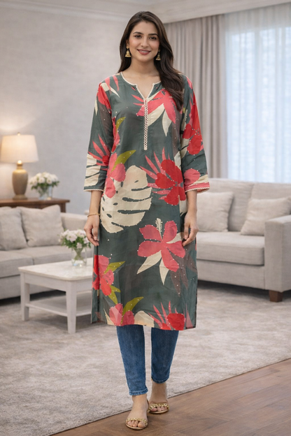Green Floral Print Cotton Kurti for Women – Casual & Daily Wear Straight Kurta | Natural Fab