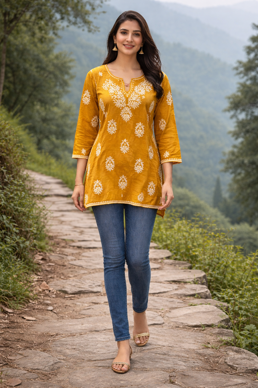 Mustard Yellow Printed Rayon Short Kurti for Women – Soft Casual & Daily Wear Short Kurta | Natural Fab