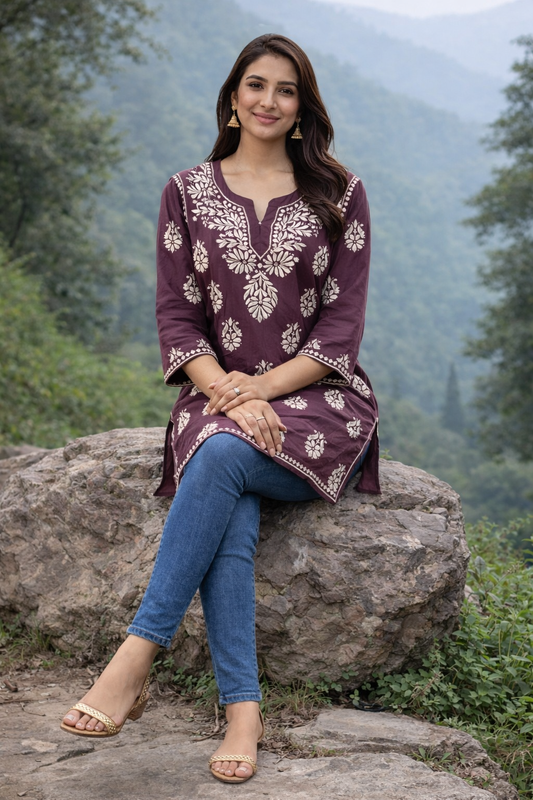 Maroon Printed Rayon Short Kurti for Women – Soft Casual & Daily Wear Short Kurta | Natural Fab