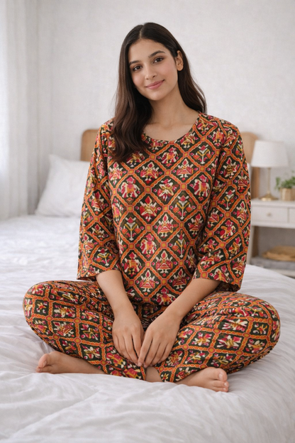 Women’s Printed Cotton Night Suit – Soft Breathable Sleepwear & Lounge Wear Set | Natural Fab