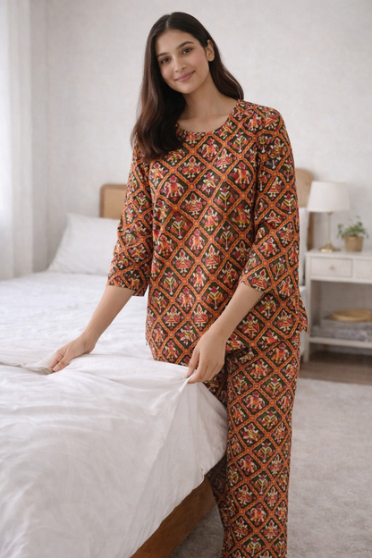 Women’s Printed Cotton Night Suit – Soft Breathable Sleepwear & Lounge Wear Set | Natural Fab
