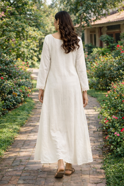 Women’s Supernet Cotton Long Dress with Cotton Inner – White A-Line Ethnic Dress, Lightweight Summer Dress