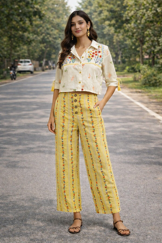 Women’s Cotton Co-Ord Set – Printed Crop Top & Straight Pants Set, Summer Casual Wear, Lightweight Ethnic Co-ord