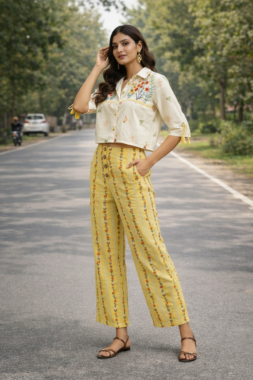 Women’s Cotton Co-Ord Set – Printed Crop Top & Straight Pants Set, Summer Casual Wear, Lightweight Ethnic Co-ord