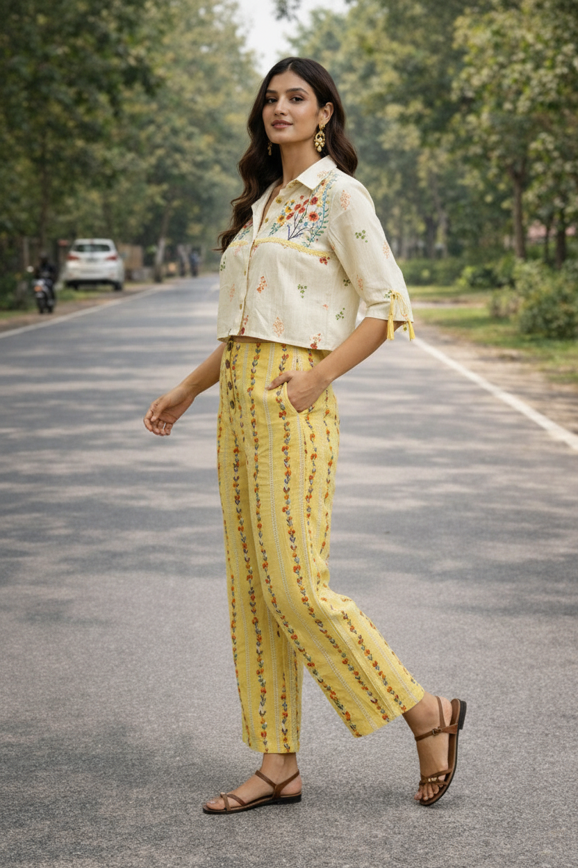 Women’s Cotton Co-Ord Set – Printed Crop Top & Straight Pants Set, Summer Casual Wear, Lightweight Ethnic Co-ord