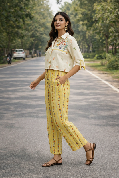 Women’s Cotton Co-Ord Set – Printed Crop Top & Straight Pants Set, Summer Casual Wear, Lightweight Ethnic Co-ord