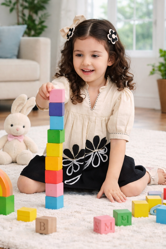 Girls Cotton Printed Dress – Cream & Black Kids Frock, Soft Comfortable Baby Girl Casual & Party Wear