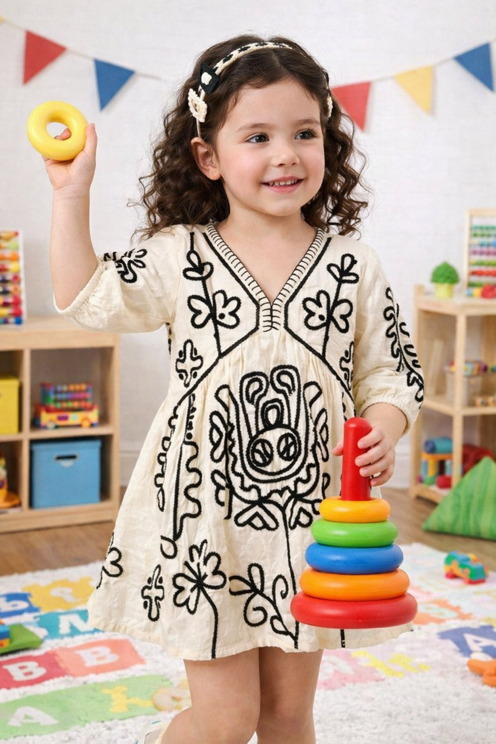 Girls Cotton Embroidered Dress – Cream & Black Floral Baby Girl Frock, – Naturalfab
