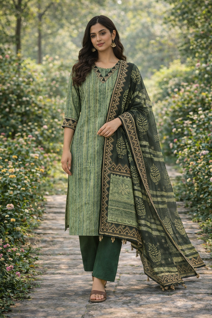 Women Olive Green Printed Kurti Set with Dupatta | Cotton Blend Straight Kurta Pant Set