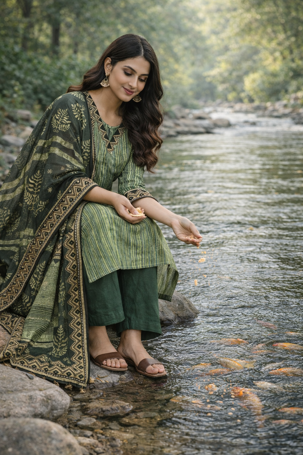 Women Olive Green Printed Kurti Set with Dupatta | Cotton Blend Straight Kurta Pant Set