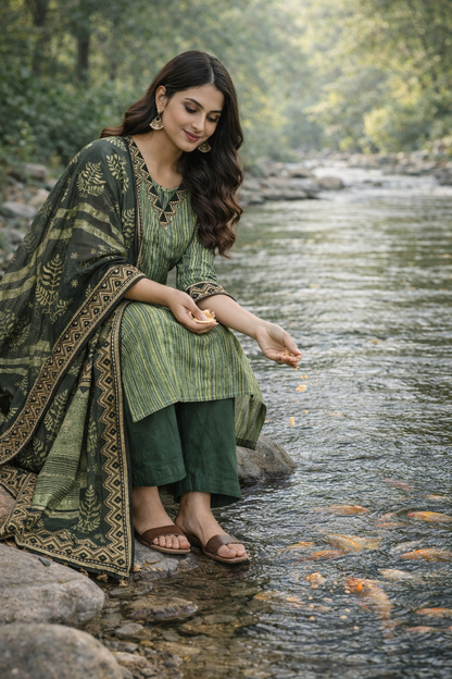 Women Olive Green Printed Kurti Set with Dupatta | Cotton Blend Straight Kurta Pant Set