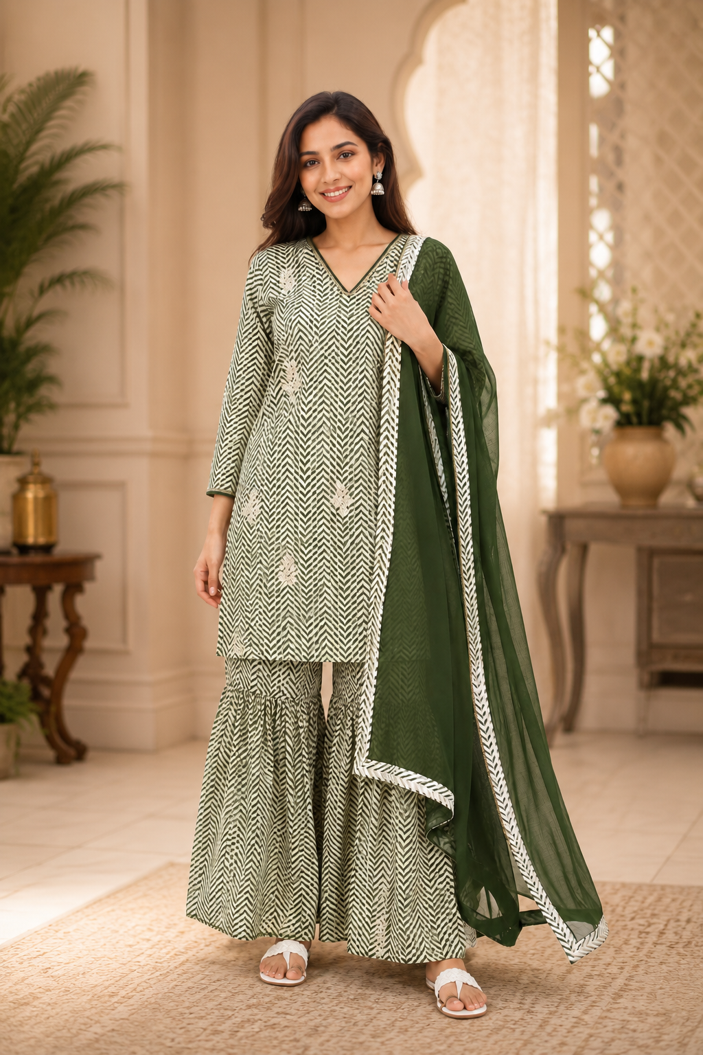 Women Green Printed Sharara Set with Dupatta – Ethnic Kurta Sharara Suit for Festive & Casual Wear