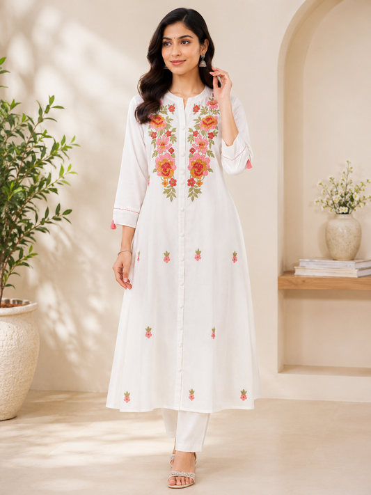 Women’s White Cotton Embroidered Long Kurta | Floral Embroidery Straight Kurti for Women | Round Neck 3/4 Sleeve Ethnic Wear