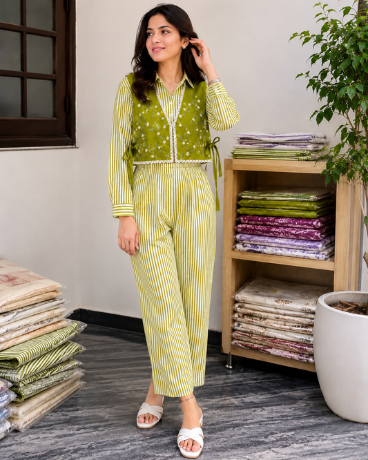 Women’s Cotton Striped Co-Ord Set with Embroidered Overlay Jacket | 3-Piece Ethnic Fusion Outfit for Women | Casual & Vacation Wear