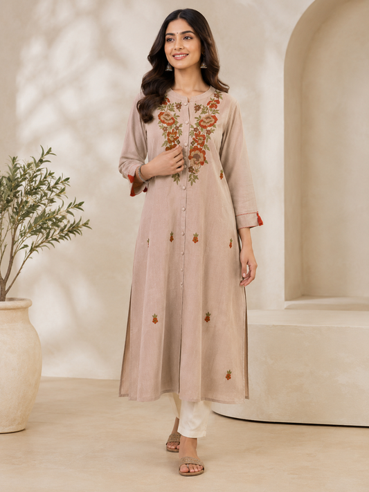 Women’s Cotton Embroidered Straight Kurta | Floral Embroidery Long Kurti for Women | Round Neck 3/4 Sleeve Ethnic Wear