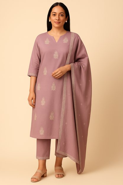 Pastel Mauve Embroidered Cotton Kurti Set with Dupatta – Elegant 3 Piece Ethnic Wear for Women