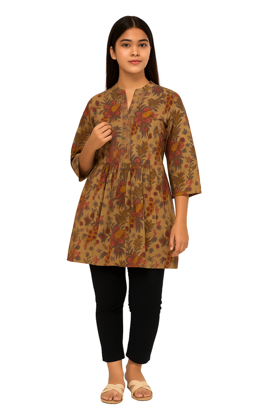 Elegant Beige Handblock Floral Print Cotton Short Kurti for Women – Natural Fab