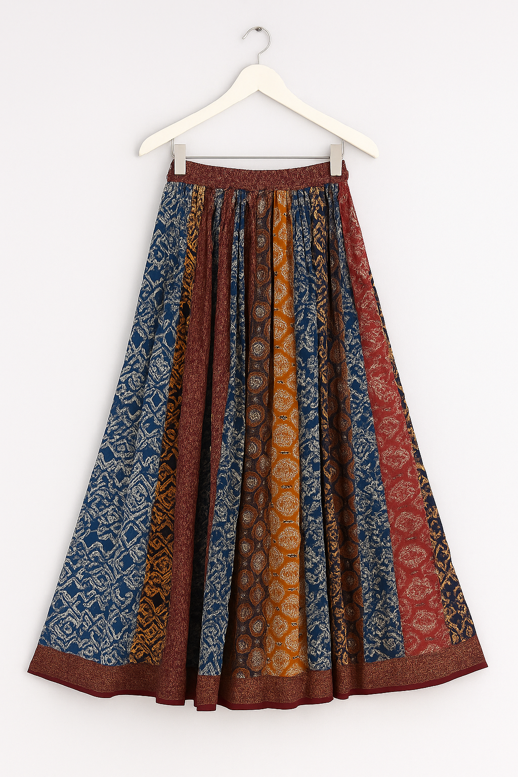 Multicolor Ethnic Block Print Cotton Maxi Skirt for Women – Flared Boho Style with Border**