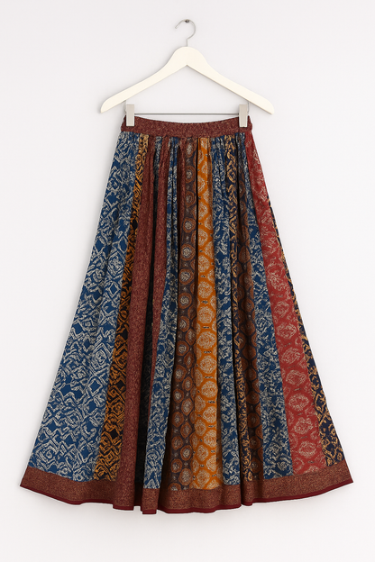 Multicolor Ethnic Block Print Cotton Maxi Skirt for Women – Flared Boho Style with Border**