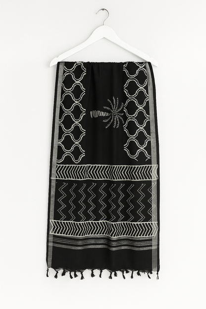 Black Handblock Cotton Dupatta for Women – White Zigzag & Geometric Print with Tassels