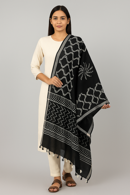 Black Handblock Cotton Dupatta for Women – White Zigzag & Geometric Print with Tassels