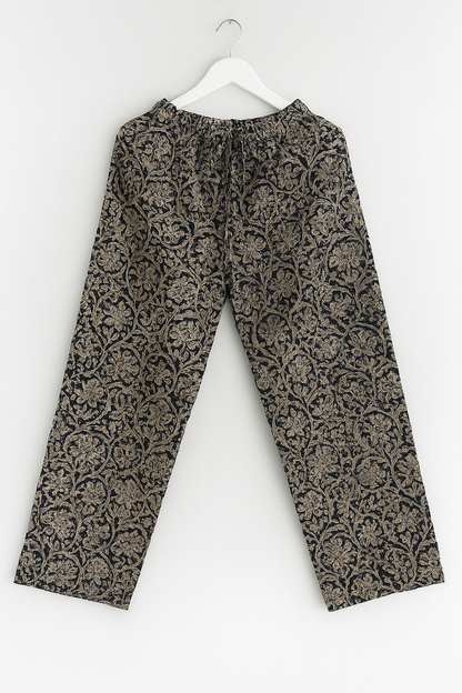 Kalamkari Cotton Plazo Pants for Women – Navy Beige Handblock Printed Ethnic Bottoms