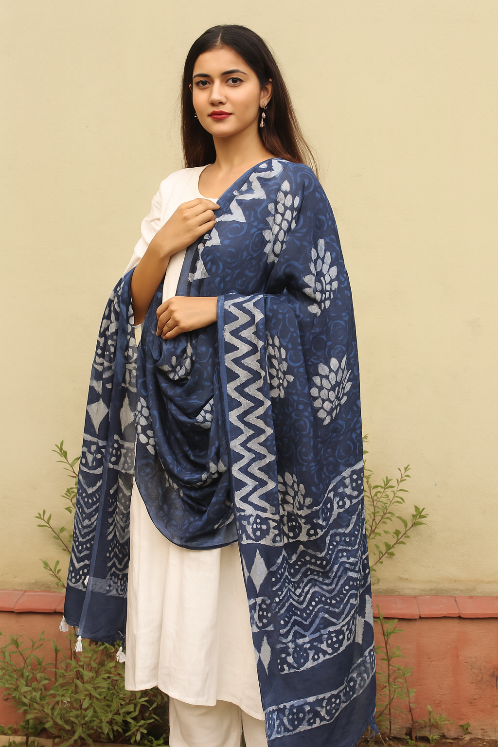 Handcrafted Indigo Dabu Cotton Dupatta with Zigzag & Floral Print – Soft Mulmul Fabric