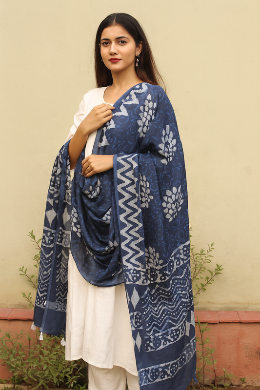 Handcrafted Indigo Dabu Cotton Dupatta with Zigzag & Floral Print – Soft Mulmul Fabric