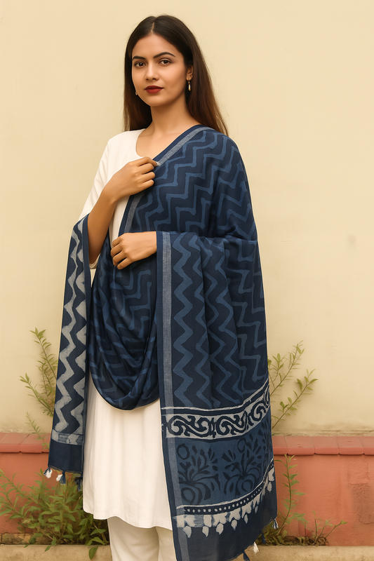 Handcrafted Indigo Cotton Dupatta with Zigzag & Floral Block Print – Elegant Tassel Finish