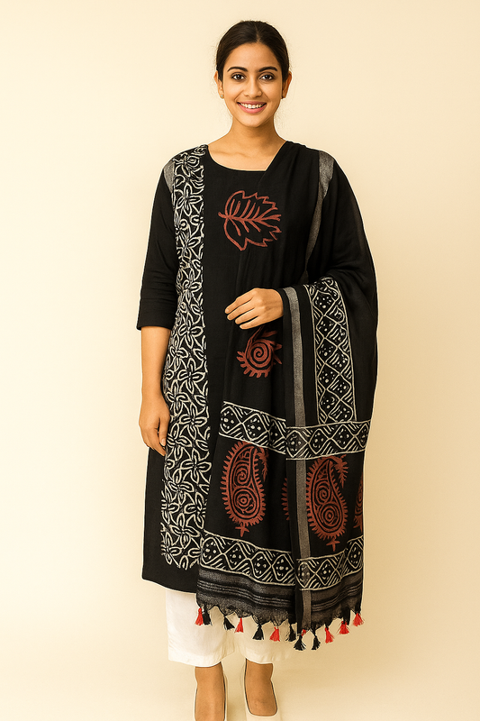Black Handblock Cotton Kurta Dupatta Set with Red Paisley Print & White Floral Borders – Festive Ethnic Wear