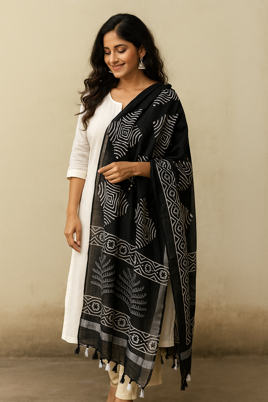 Black Handblock Cotton Dupatta with Geometric & Leaf Motifs – Soft Mulmul Fabric with Tassels