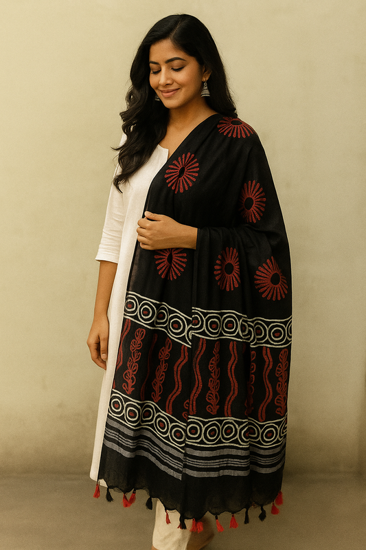 Black Cotton Dupatta with Red Sunburst & Tribal Motif Print – Handcrafted Ethnic Design with Tassels