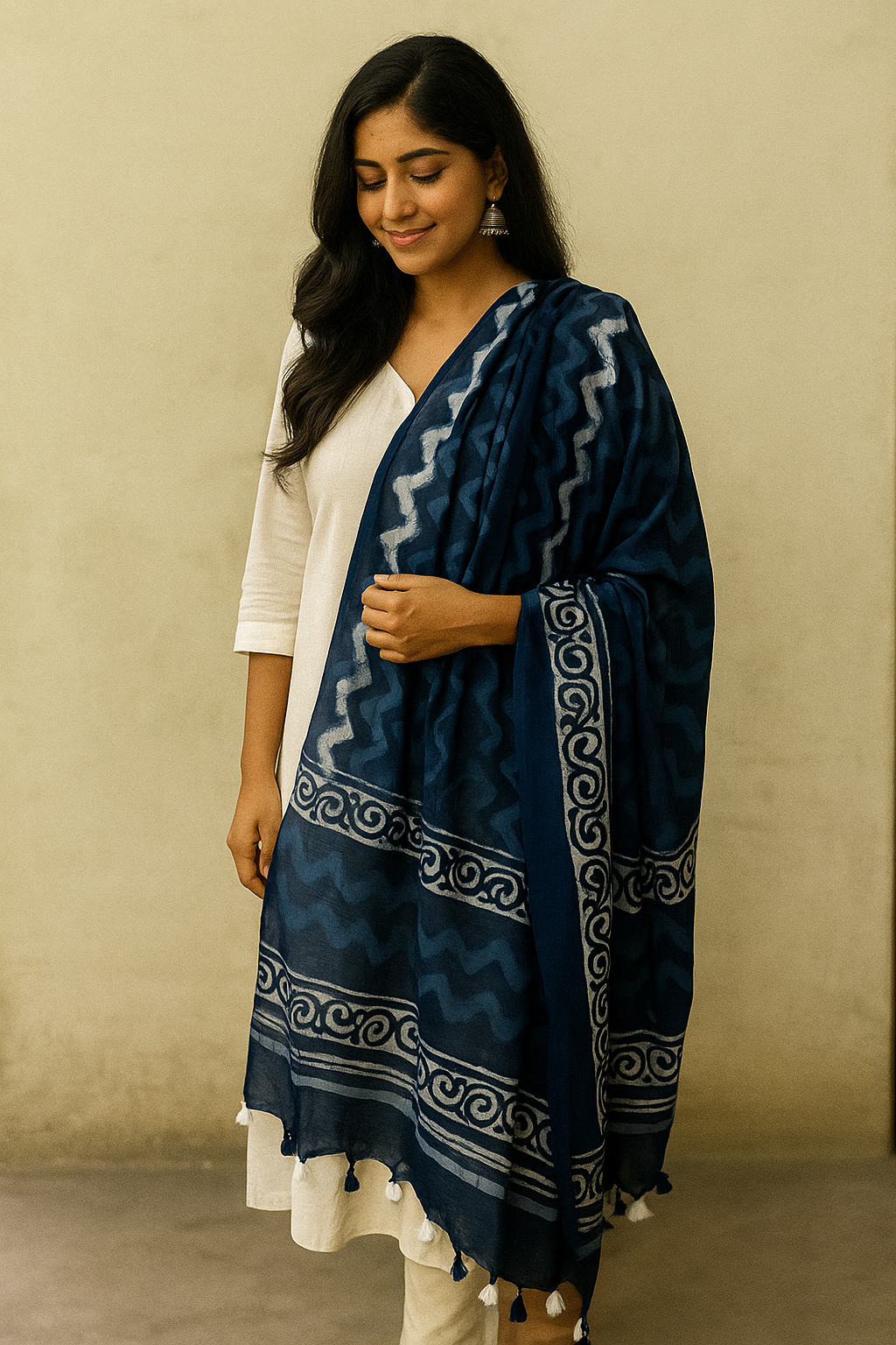 Indigo Dabu Cotton Dupatta with Hand Block Zigzag & Scroll Print – Lightweight Mulmul Fabric