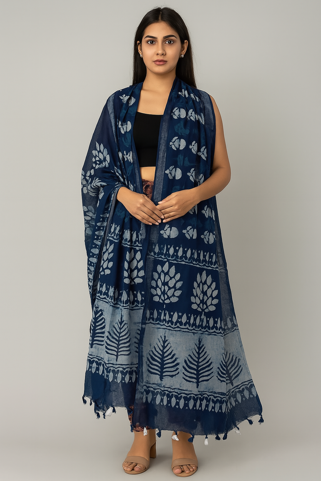 Indigo Blue Handblock Cotton Dupatta with Tassels | Ethnic Floral Print | Natural Fab
