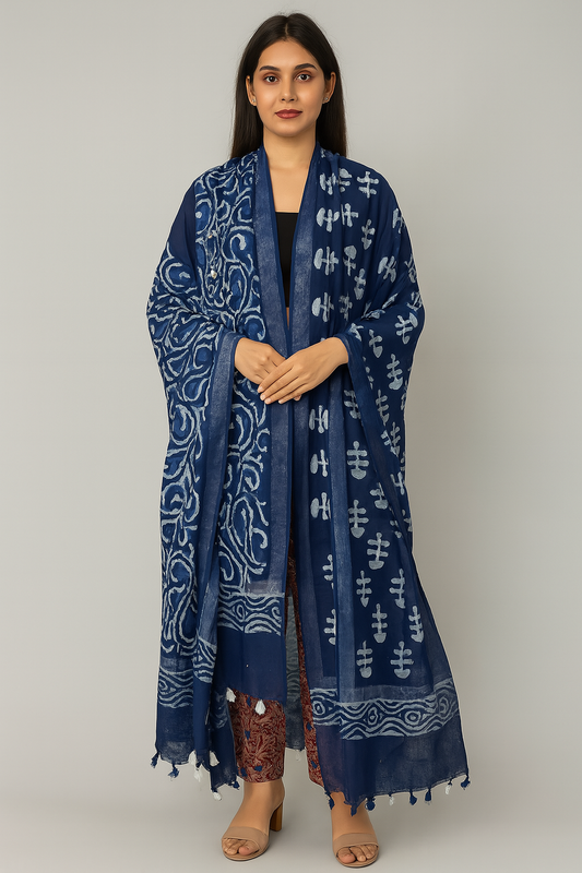 Indigo Blue Handblock Printed Cotton Dupatta with Tassels | Dual Pattern Design | Natural Fab