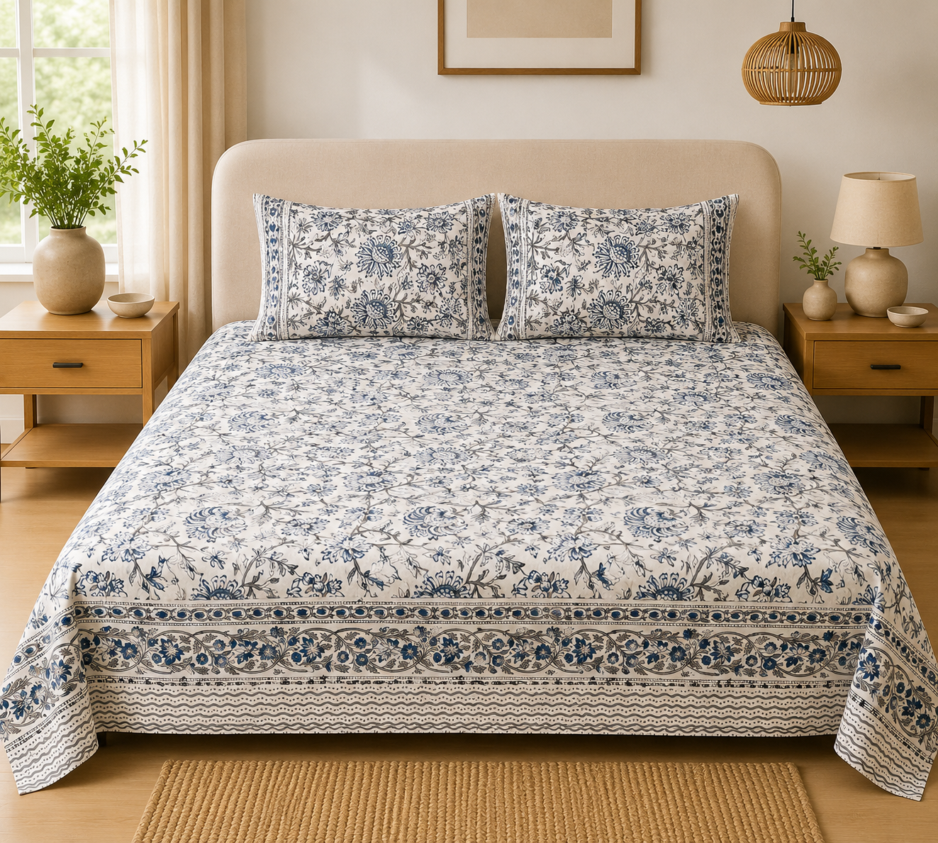 Fine Count Hand Block Printed Cotton Bedsheet with 2 Pillow Covers | Blue & White Floral Print | Queen Size | Premium Soft Cotton Bedding Set