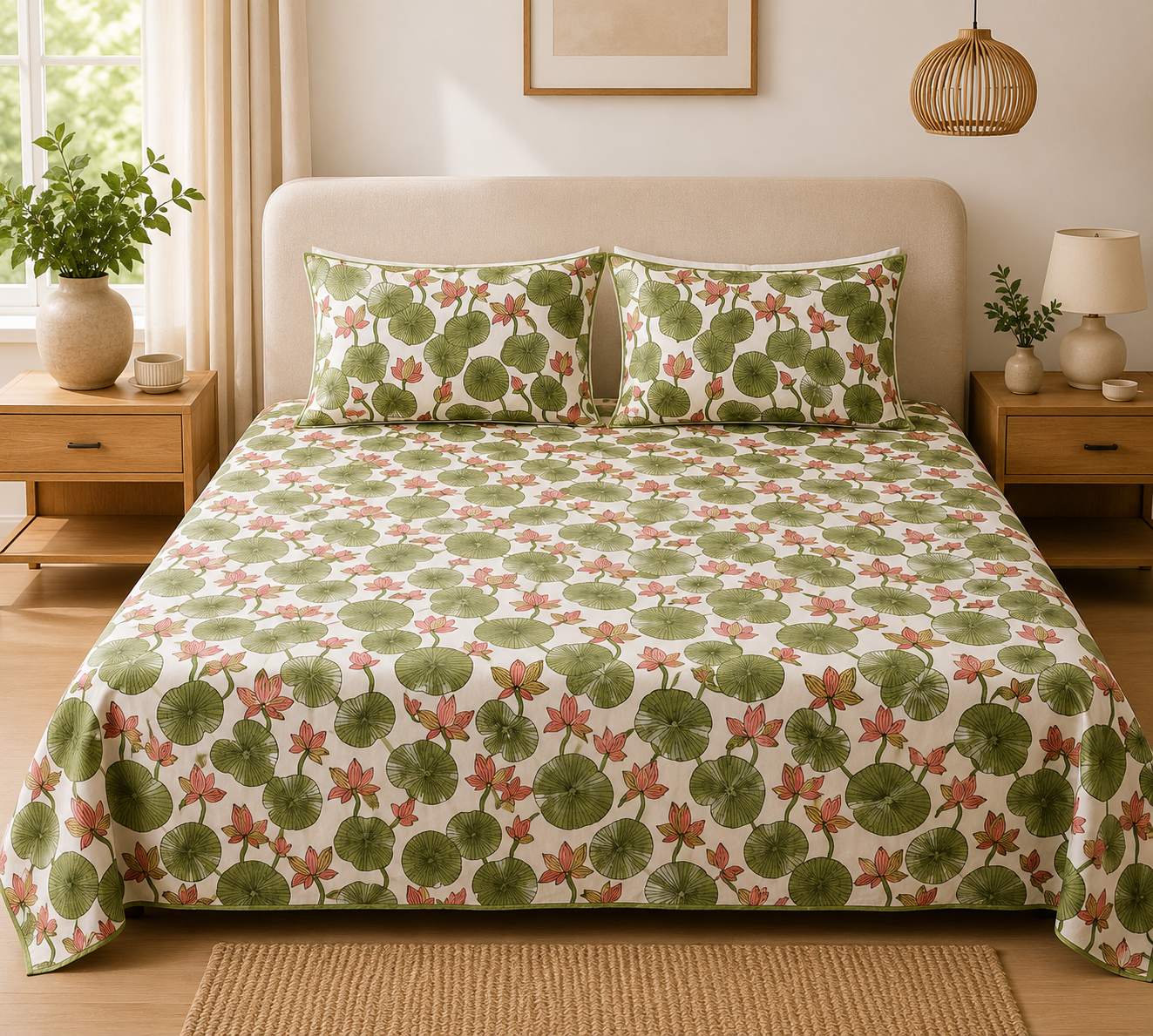 Fine Count Cotton Hand Block Printed Bedsheet with 2 Pillow Covers | Green Lotus Floral Double Bed Sheet Set for Bedroom Décor