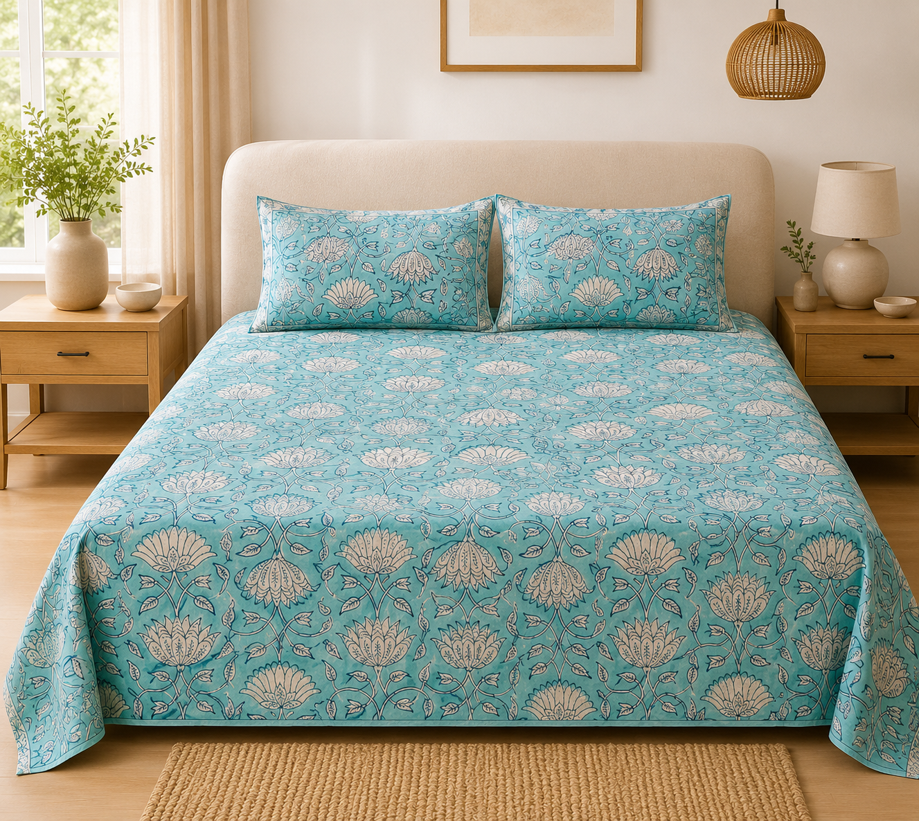 Fine Count Cotton Hand Block Printed Bedsheet with 2 Pillow Covers | Blue Floral Double Bed Sheet Set for Bedroom Décor