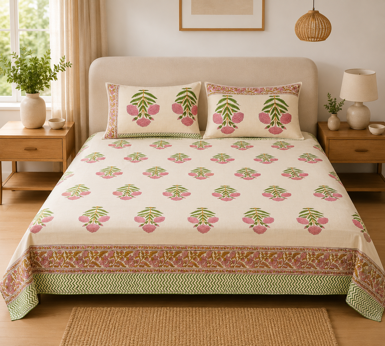 Fine Count Cotton Hand Block Printed Bedsheet with 2 Pillow Covers | Cream Base Pink Floral Double Bed Sheet Set