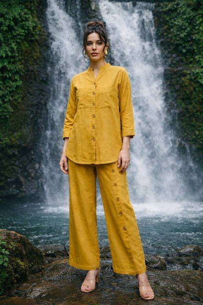Women’s Mustard Cotton Co-Ord Set – Button Detail Kurta & Wide Leg Pant Set | Casual Ethnic Outfit