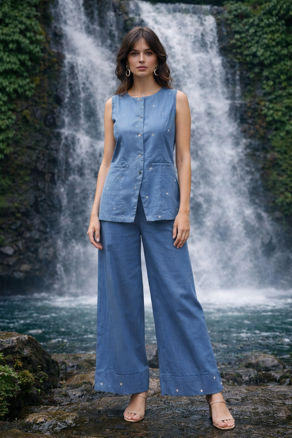 Women’s Blue Cotton Sleeveless Co-Ord Set – Button Front Top & Wide Leg Pant Casual Ethnic Outfit