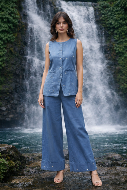 Women’s Blue Cotton Sleeveless Co-Ord Set – Button Front Top & Wide Leg Pant Casual Ethnic Outfit