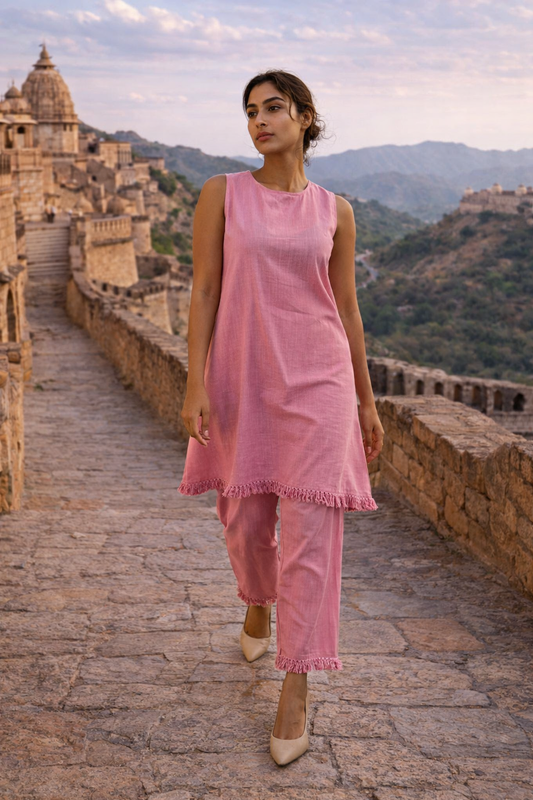 Women’s Solid Pink Cotton Co-Ord Set – Sleeveless Tunic Top & Straight Pants Casual Summer Outfit
