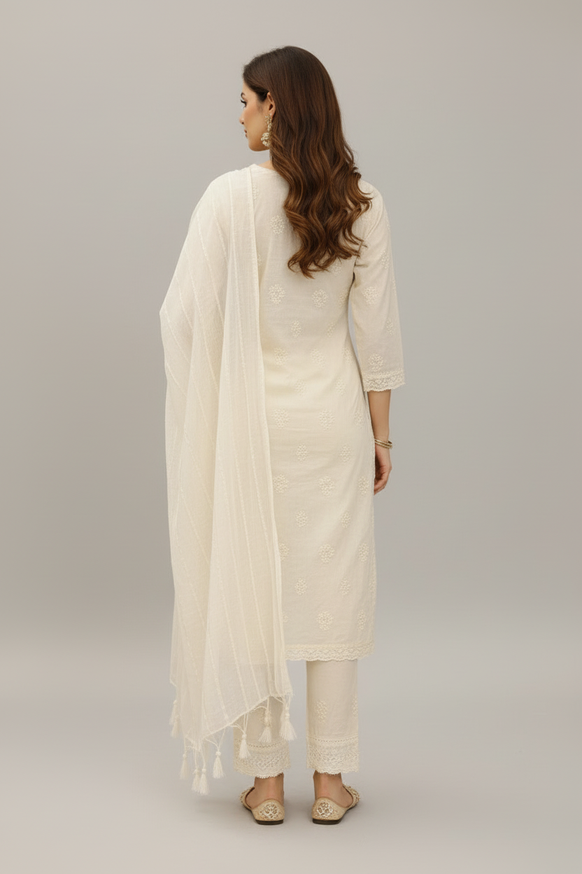 Women’s Khadi Cotton Kurti Pant Dupatta Set – Elegant Embroidered Straight Kurta Ethnic Suit for Festive, Office & Casual Wear