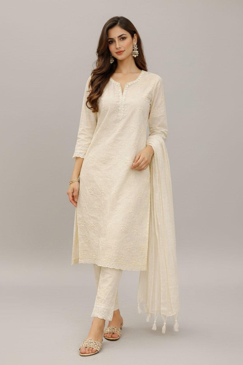 Women’s Khadi Cotton Kurti Pant Dupatta Set – Elegant Embroidered Straight Kurta Ethnic Suit for Festive, Office & Casual Wear