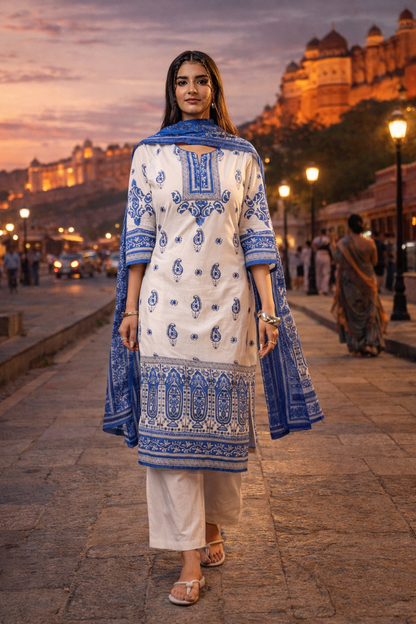 Women’s Mal Cotton Hand Block Printed Kurti Set with Dupatta – Soft Breathable Ethnic Kurta Pant Set