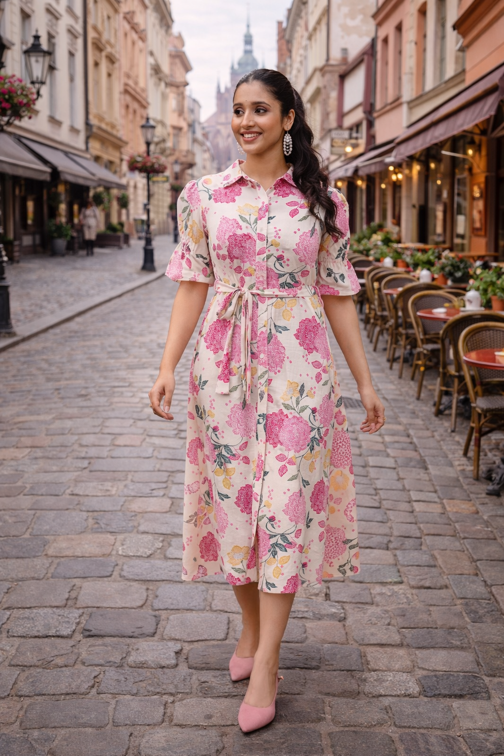 Women’s Floral Printed Cotton Midi Dress with Waist Tie – Elegant Casual Summer Dress for Brunch, Travel & Day Out