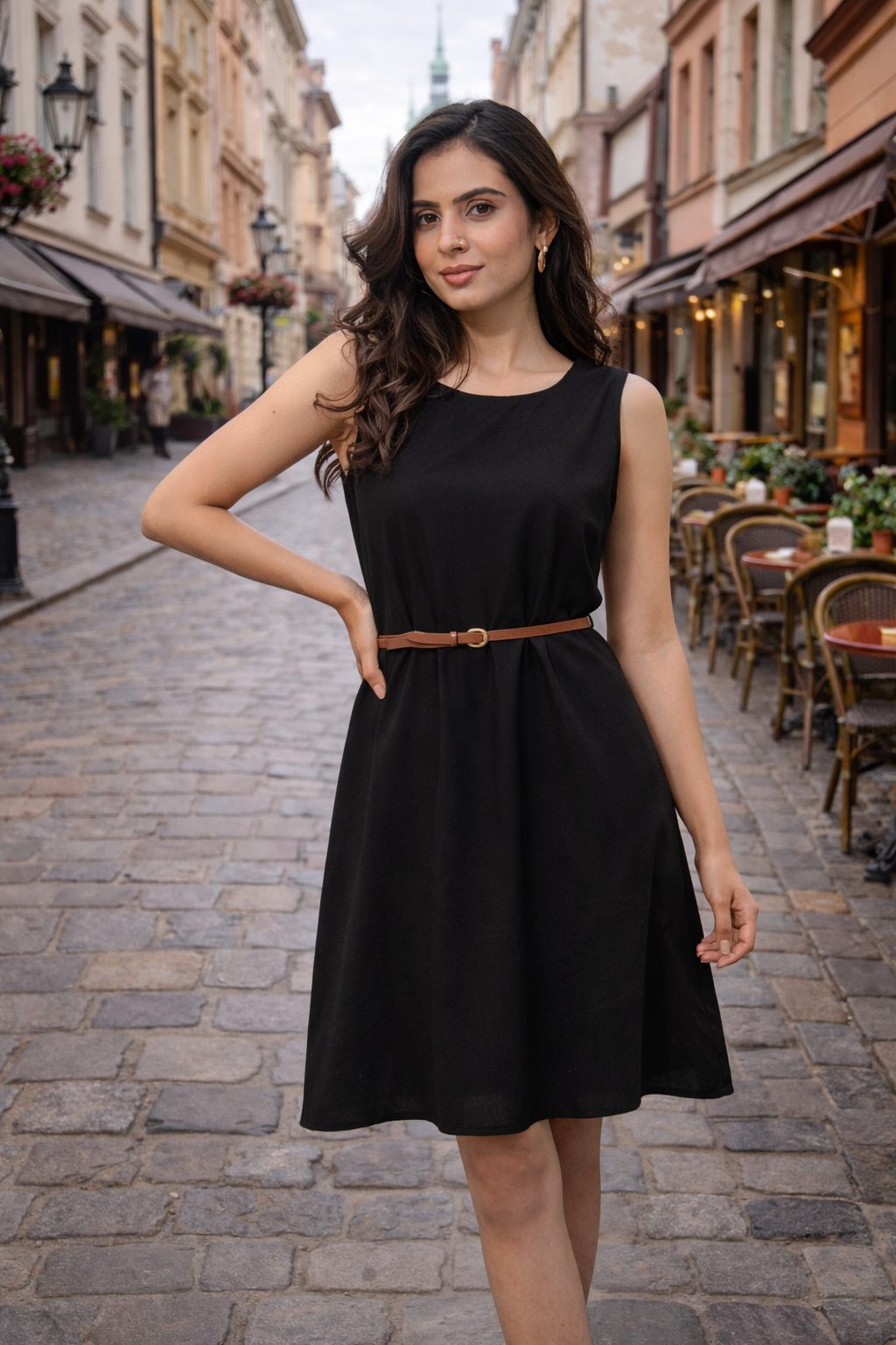 Women's Elegant Black Sleeveless Midi Dress with Waist Belt – Minimal – Naturalfab